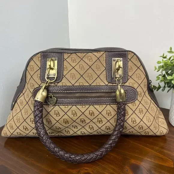Dooney And Bourke Vintage Leather Brown Leather Signature Canvas Satchel Handbag